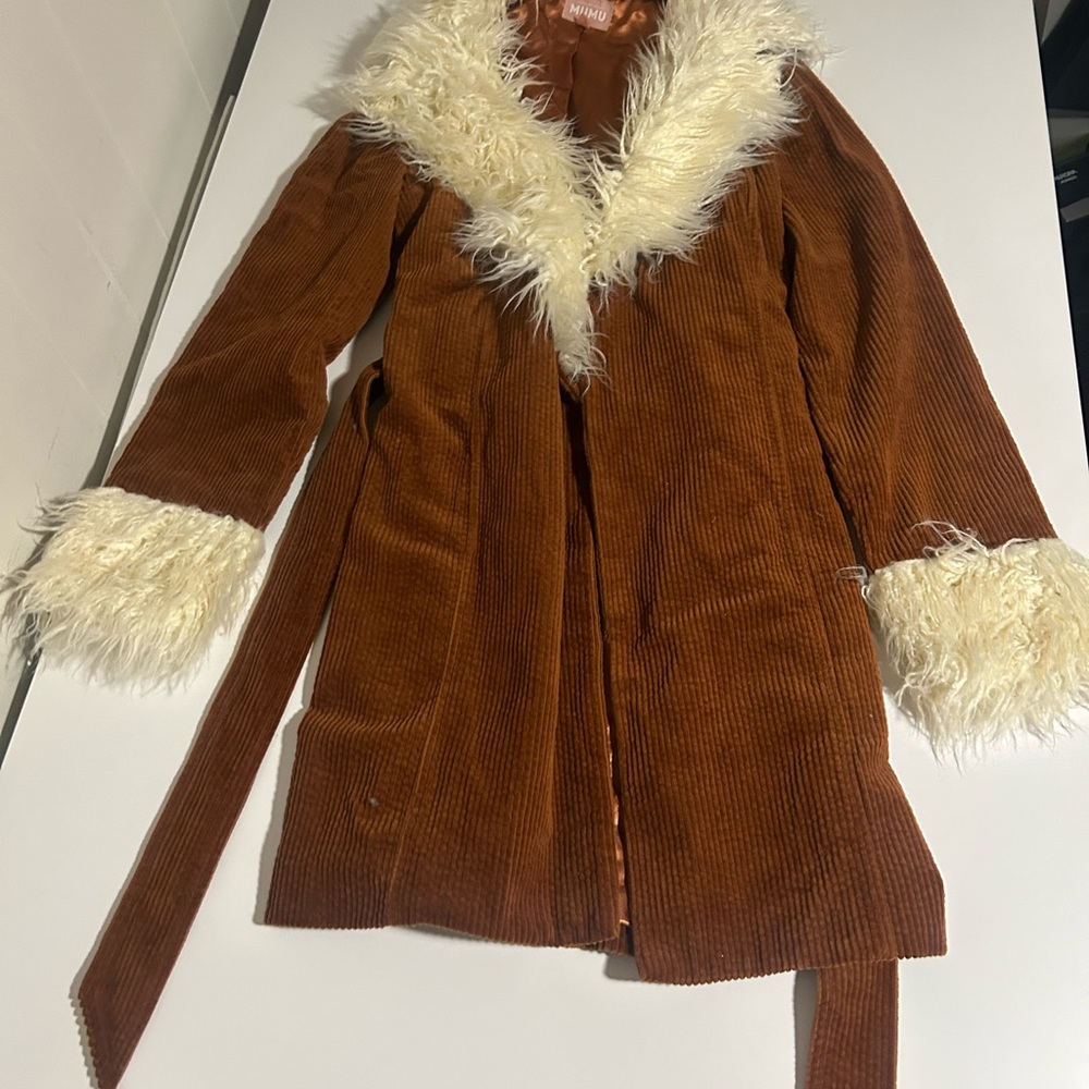 Women's Brown and Cream Faux Fur Trim Coat - Picture 7 of 8